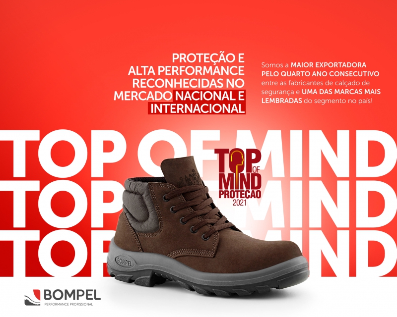 A qualidade dos calçados Bompel foi reafirmada nacional e internacionalmente, sendo uma das marcas destaques no segmento no prêmio Top of Mind da Revista Proteção e com a conquista pelo quarto ano seguido de líder de exportação entre as fabricantes de calçado de segurança.
