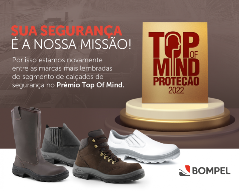 Estamos novamente entre as marcas mais lembradas no segmento de calçados de segurança no Prêmio Top Of Mind! Conquista que reforça cada vez mais o nosso compromisso com a segurança, qualidade e alta performance profissional.